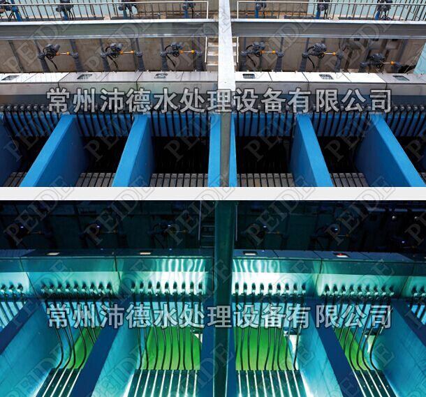 图为某城市污水厂再生用水明渠式紫外线杀菌器正在运行的现场